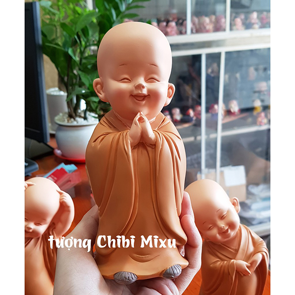 Bộ 03 tượng chú tiểu an nhiên áo nâu